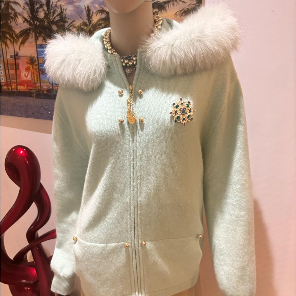 St. John cashmere Mint Green Zip Front Jacket Fox fur hooded Large coat
